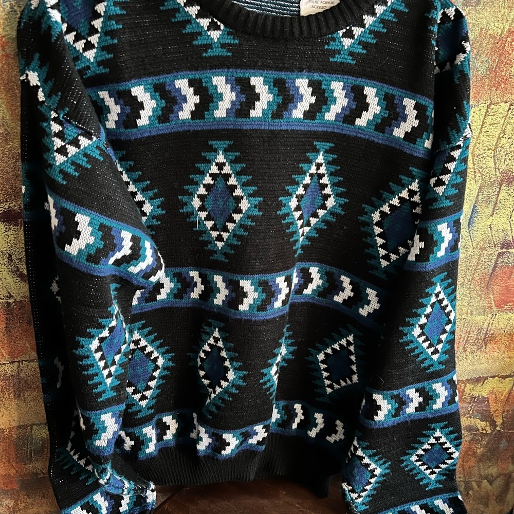 Men's Black and Blue Patterned Sweater